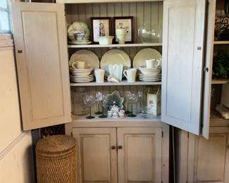 Dish service for eight by Tracey. Polka dot  green stem bubble glasses.