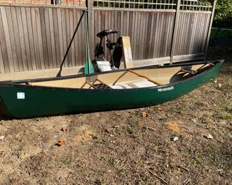 Wenonah “Fisherman”  14’ canoe with electric motor, paddle, cover, two seat cushions.