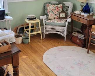 Antique wicker chair and other antique furniture and China