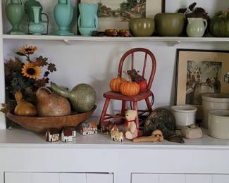 Antique primitive cabinet with Bluebird China on It pottery and some art