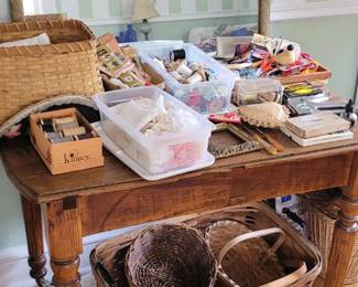 Antique table baskets and sewing whatnots