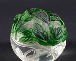 Barry Sautner art glass paperweight, clear with frosted/carved flowers and stems, green leaves wrapped around the top