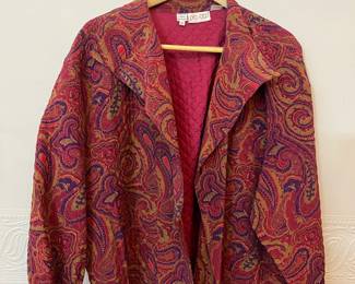 Pia Rucci lined paisley fabric top, open front, lapel collar, size M 