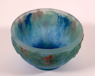 Amalric Walter and Henri Bergé collaborative art glass pâte de verre bowl with high relief decoration of berries and leaves in red and green against a turquoise background, signed by both artists, A. WALTER NANCY and Bergé. France 1920s.
