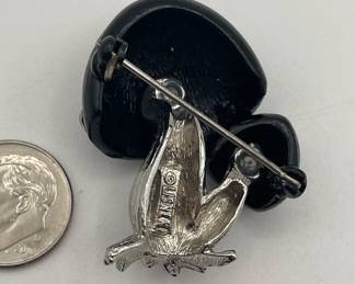 Reverse vview of rare Lisner mushrooms brooch - silvertone, black enamel and clear crystals