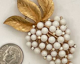 1960s Crown Trifari grape cluster pin, gold tone with faux pearls & rhinestones