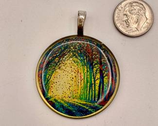 Scenic pendant, fired resinated glass on stainless, argentium silver plate bale