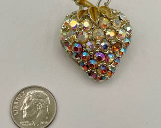 Strawberry form brooch with Aurora Borealis rhinestones, gold tone metal 