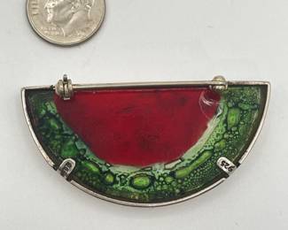 Reverse view of sterling silver and glass watermelon brooch