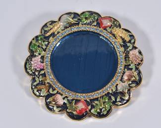 Closeup of vintage enameled jeweled gilt dish and tumbler by Original Karshi 1955