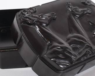 Closeup of Stag Buck and Doe Deer Black Bakelite Trinket Box by Hickok