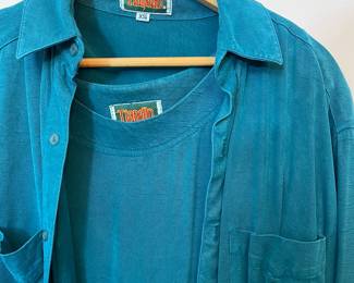 Closeup of Tianello size XS teal blue tunic dress with matching long sleeve button front top