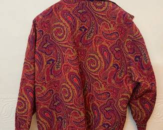 Back view of Pia Rucci lined paisley fabric top, open front, lapel collar, size M 
