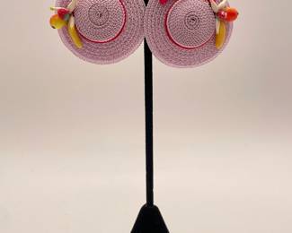 Pink straw hat clip on earrings, made in Western Germany
