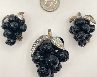 Rare 1980s Lucite "Forbidden Fruit" black grapes with black rhinestones brooch and earrings set