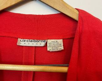 Closeup of label in Liz Clairborne size 10 red long sleeved open front dolman&nbsp;top