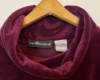 Closeup of Sag Harbor women's maroon velour mock turtleneck top