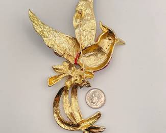 Reverse view of fabulous vintage gold toned exotic bird brooch with rhinestones and vivid, beautifully done enameling