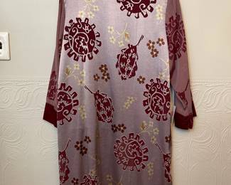 Back view of Connie's Moonlight in Los Angeles mauve and maroon long-sleeved tunic top with burned out velvet patterning