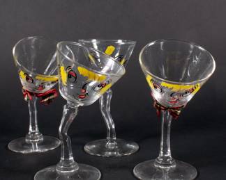 Vintage Mid Century Modern set of 4 hand painted "tipsy" or "Beau Brummel" martini glasses by Gay Fad Studios (Fran Taylor)