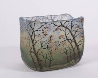 Another view of Legras acid-etched and enameled autumn landscape vase, signed; French art glass