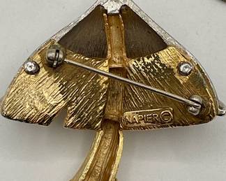 Reverse view of charmingly detailed NAPIER mushroom brooch, mixed metal design in goldtone and silvertone. This particular design has been identified as being from Eugene Bertolli, who worked for the company for almost 40 years.