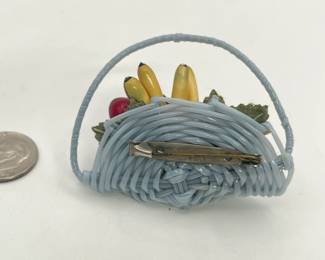 Reverse ofunique vintage dimensional fruit basket brooch, marked "Japan"
