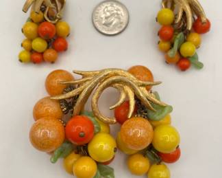Vintage fruit salad costume jewelry brooch and earrings set