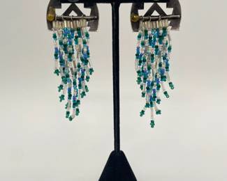 Southwest style earrings, white metal, beaded strands