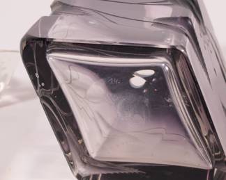 Base of MOSER Karlsbad circa 1905 - Intricately hand engraved Art Nouveau perfume bottle, graduated amethyst color rhomboid shape dressing table bottle and conforming stopper, the crystal body deeply engraved with blooms and leafy stems