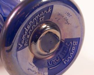 Base of Barry Sautner American art glass vase, a phenomenal cameo glass carving of blue iris carved to show pink inner glass, signed  1985 "Blue Flags" #1; Doug Merrit/Vandermark Merrit studios created the form that Barry then carved and finished.