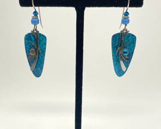 Blue bead and painted metal pierced earrings