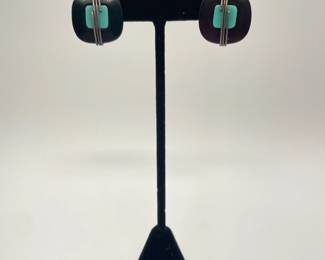 Black button, turquoise color square and silver tone wire earrings