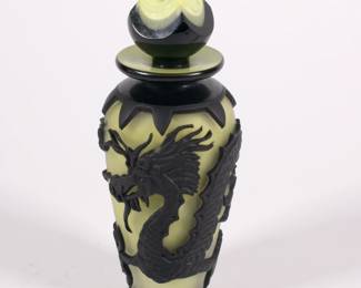 Barry Sautner signed art glass cameo glass stoppered yellow bottle with black dragon design, numbered 00014