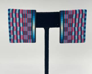 Bold checkered blue and pink pierced earrings, synthetic material
