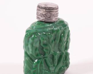 Another view of antique 1920's Art Nouveau Czech malachite glass perfume bottle with reticulated metal capped stopper