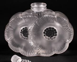 Another view of beautiful delicate Lalique "Deux Fleurs" frosted crystal perfume bottle, signed Lalique France on base, has original sticker. Originally designed by Rene Lalique in 1935, the bottle depicts two anemone flowers.