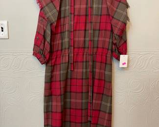 100% wool red plaid dress with matching belt and scarf/cape top, size 12, made in Hong Kong
