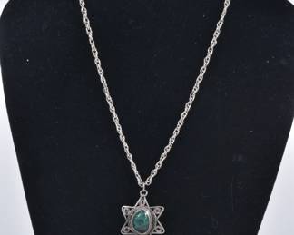 Vintage sterling silver necklace with Star of David pendant, green stone possibly malachite
