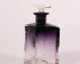 MOSER Karlsbad circa 1905 - Intricately hand engraved Art Nouveau perfume bottle, graduated amethyst color rhomboid shape dressing table bottle and conforming stopper, the crystal body deeply engraved with blooms and leafy stems