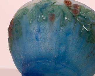 Closeup of Amalric Walter and Henri Bergé collaborative art glass pâte de verre bowl with high relief decoration of berries and leaves in red and green against a turquoise background, signed by both artists, A. WALTER NANCY and Bergé. France 1920s.
