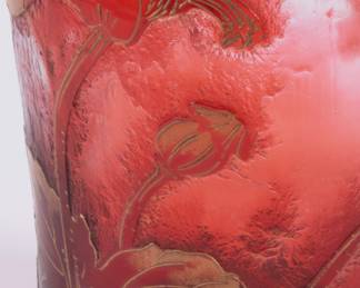 Closeup of Émile Gallé Nancy signed art glass vase, brilliant red color with poppy design, gilded twin handles on shoulder, the flowers delicately outlined&nbsp;&nbsp;