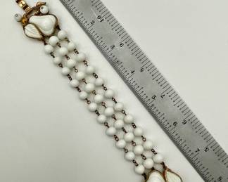 Crown Trifari pear shape and beaded milk glass bracelet -  has matching clip earrings