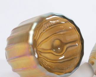 Signed base of vintage Correia ribbed gold Aurene art glass perfume bottle with a striped Aurene handkerchief-shaped stopper; etched with the artist's signature and production number PBRFG 58477