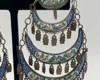 Another closeup of Persian sterling silver enameled hand painted filigree dangle earrings