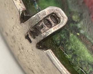 Closeup of maker's mark (Taxco?) on sterling silver and glass watermelon brooch