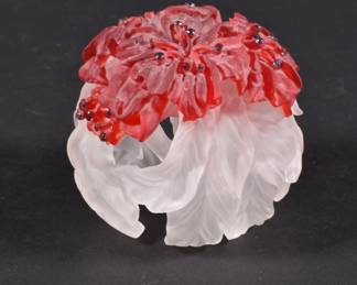 Barry Sautner art glass paperweight, carved frosted red and white glass depicting flowers and leaves