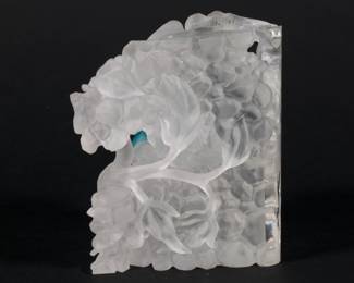 Another view of Barry Sautner art glass paperweight, clear to frosted carved glass with blue flower