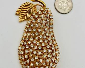 Impressive and sparkling Stanley pear brooch in gold tone metal and bright clear rhinestones, 2-3/4" tall by 1-1/2" wide