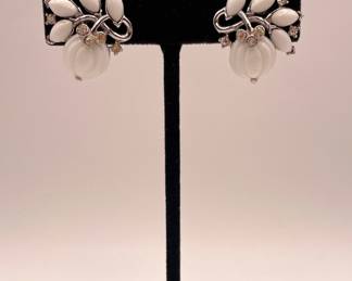 Crown Trifari milk glass and rhinestone clip earrings